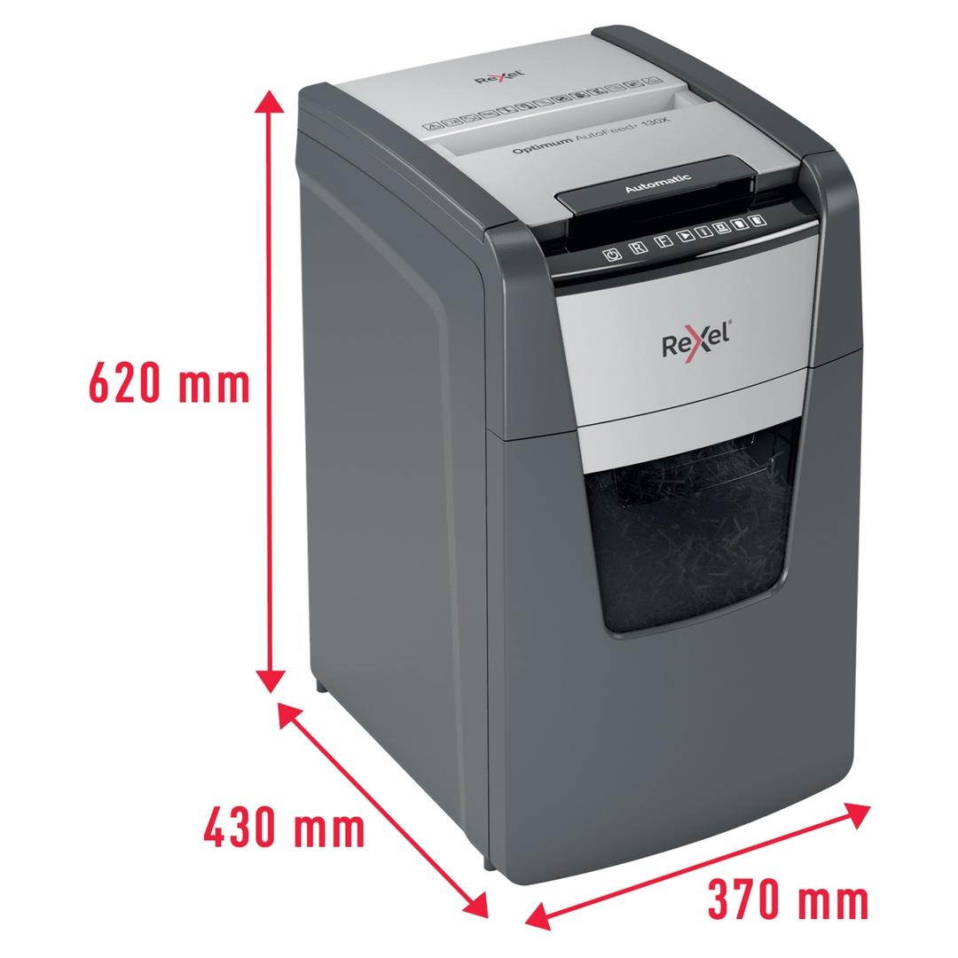 Destructeur de documents confidentiels P4 Coupe croisée Insertion papier automatique Optimum Autofeed+ 130X 4 x 28 mm avec insertion papier automatique REXEL — Dimensions