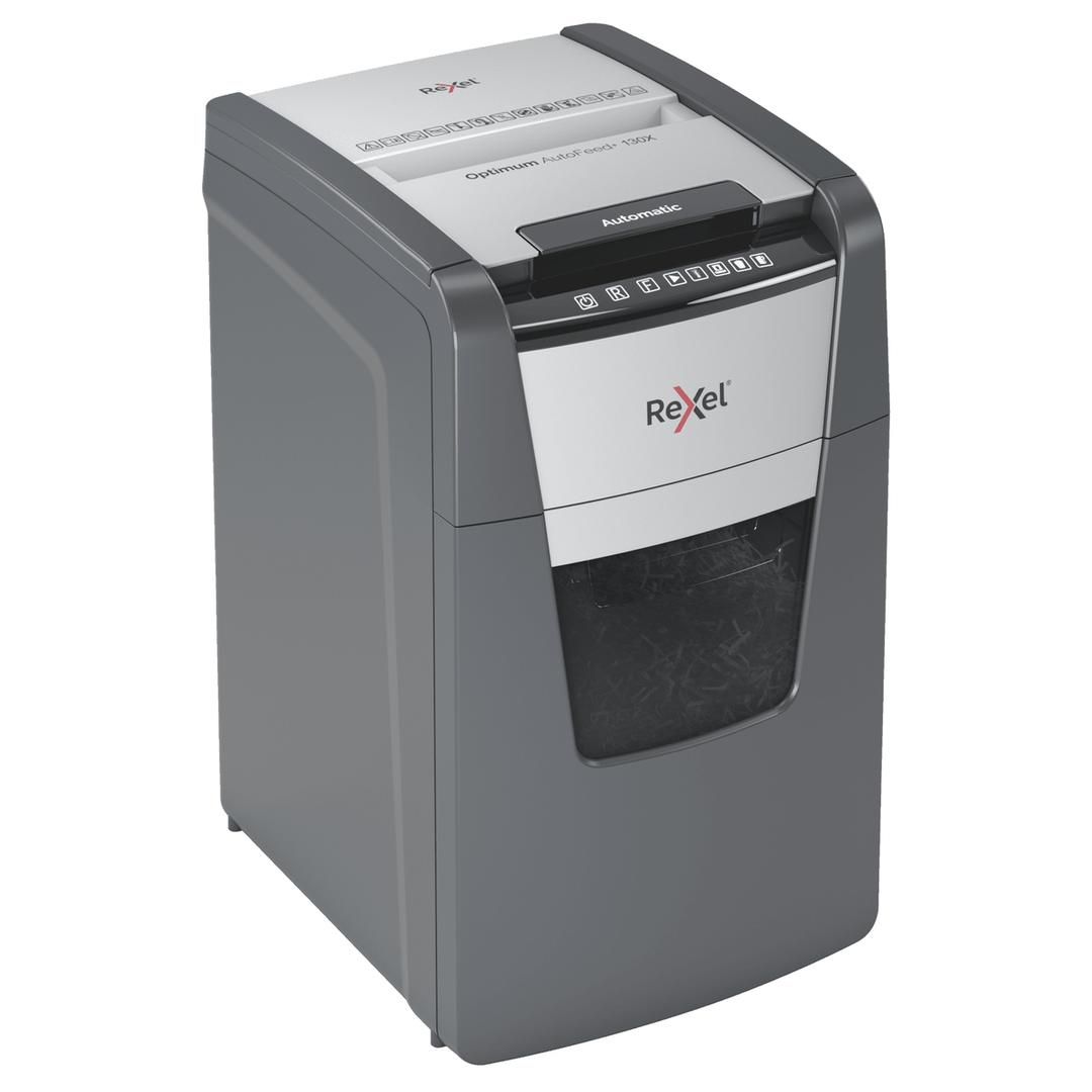 Destructeur de documents confidentiels P4 Coupe croisée Insertion papier automatique Optimum Autofeed+ 130X 4 x 28 mm avec insertion papier automatique REXEL — Vue de droite