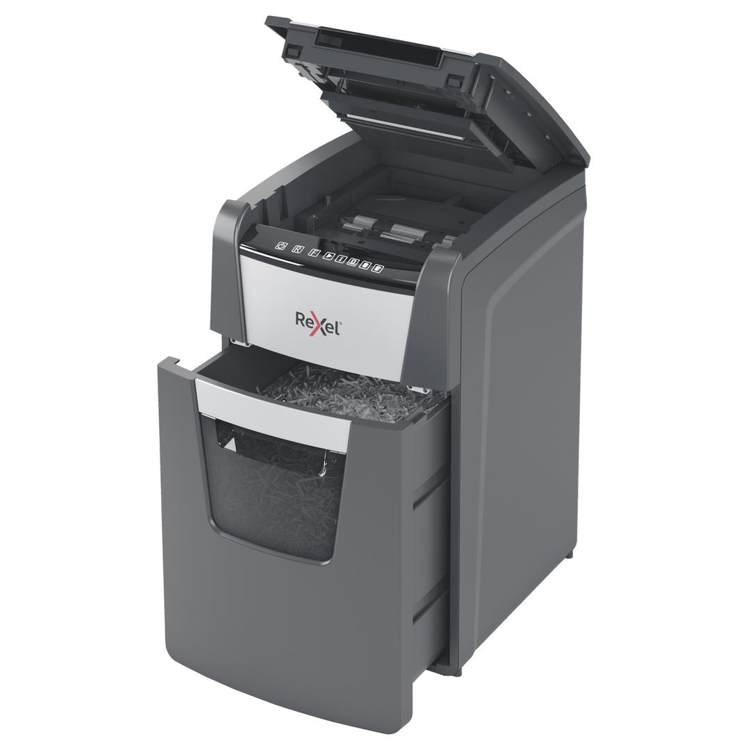 Destructeur de documents très confidentiels P5 Coupe croisée Insertion papier automatique Optimum Autofeed+ 150M 2 x 15 mm avec insertion papier automatique REXEL — Bac extractible et insertion papier automatique
