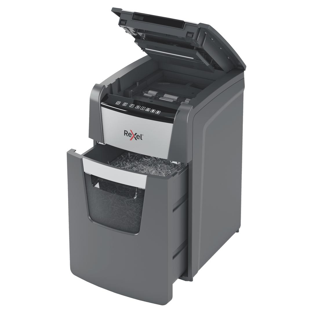 Destructeur de documents confidentiels P4 Coupe croisée Insertion papier automatique Optimum Autofeed+ 150X 4 x 28 mm avec insertion papier automatique REXEL — Bac extractible et insertion papier automatique