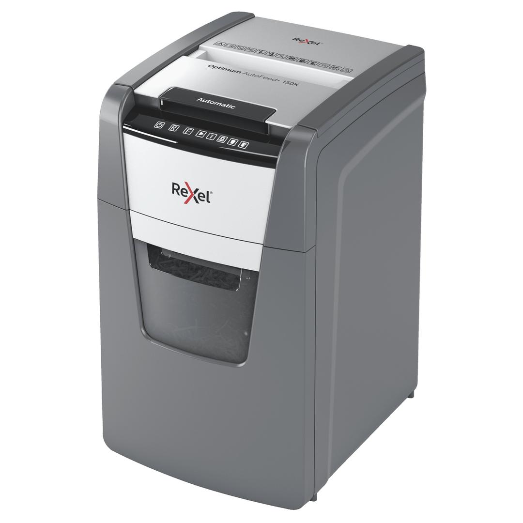 Destructeur de documents confidentiels P4 Coupe croisée Insertion papier automatique Optimum Autofeed+ 150X 4 x 28 mm avec insertion papier automatique REXEL — Base