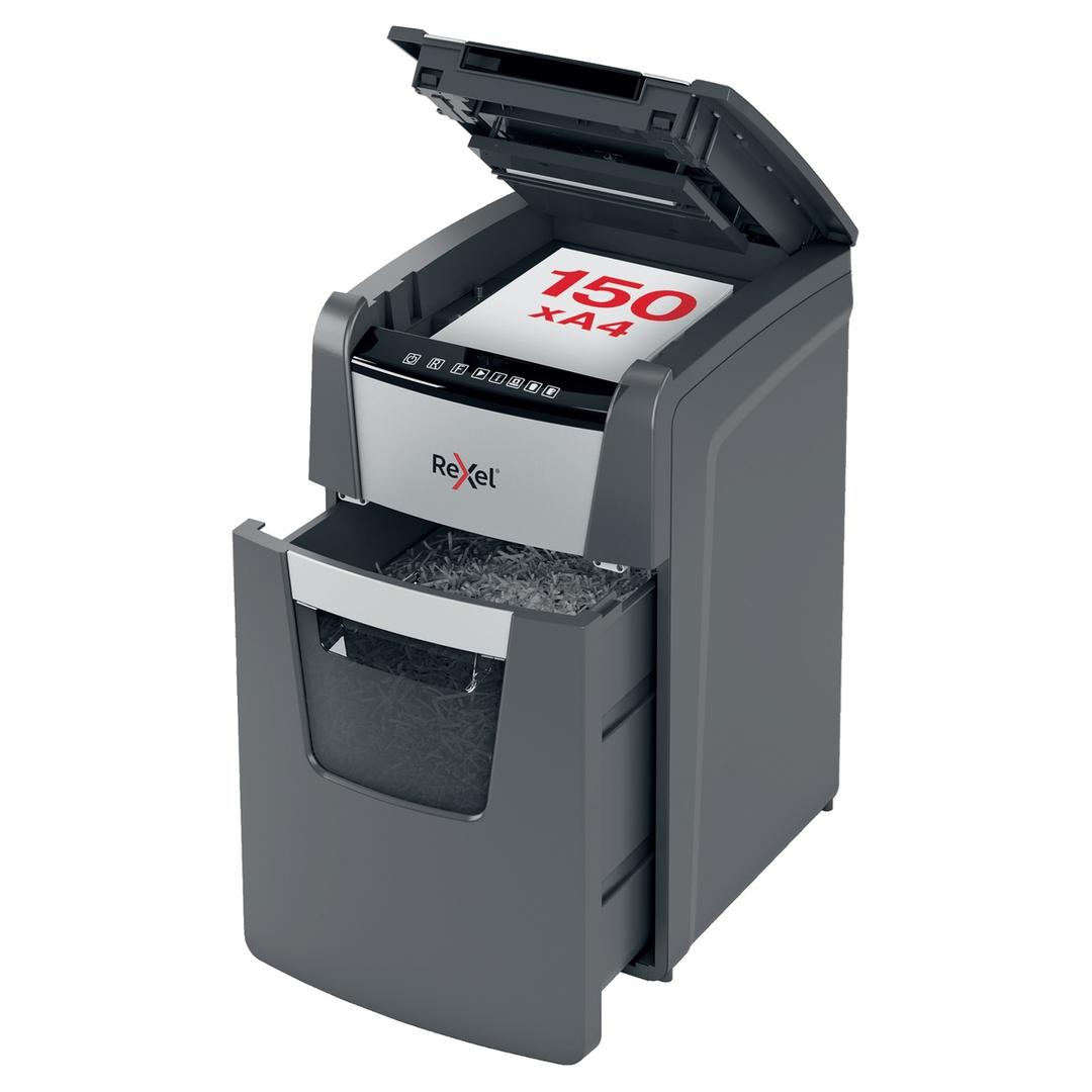 Destructeur de documents confidentiels P4 Coupe croisée Insertion papier automatique Optimum Autofeed+ 150X 4 x 28 mm avec insertion papier automatique REXEL — Capacité insertion papier automatique