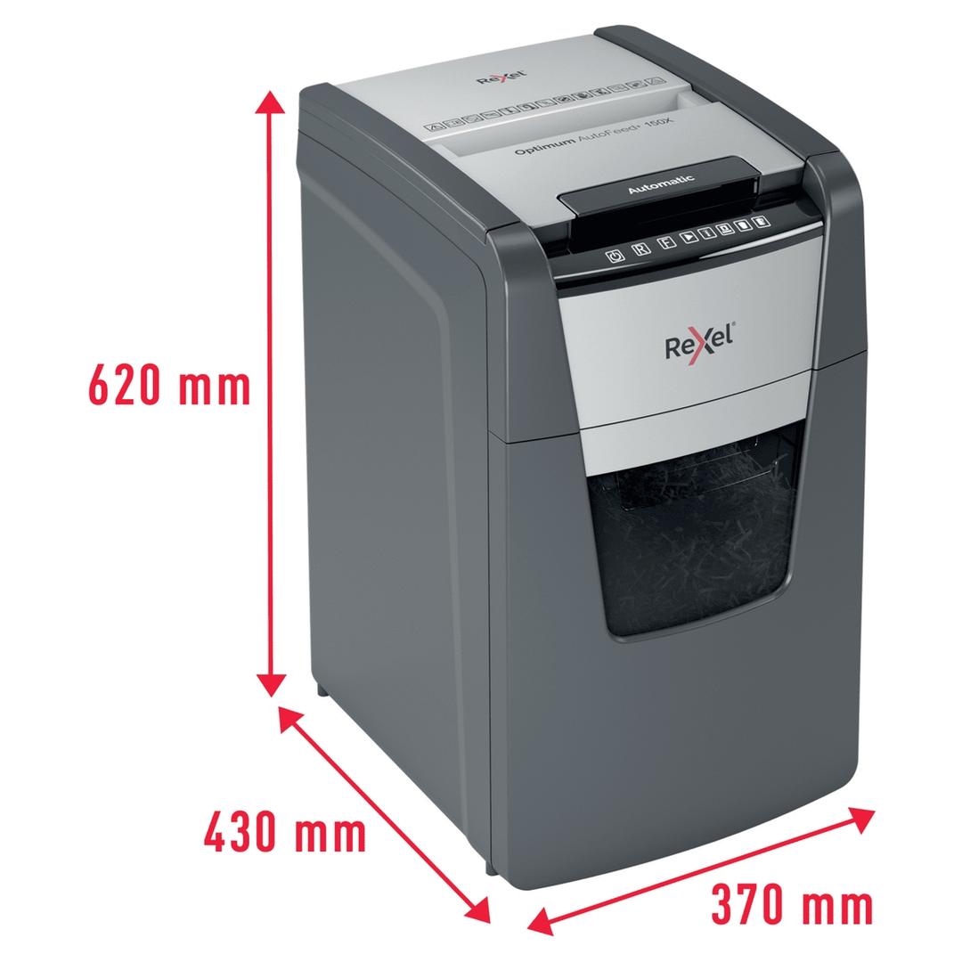 Destructeur de documents confidentiels P4 Coupe croisée Insertion papier automatique Optimum Autofeed+ 150X 4 x 28 mm avec insertion papier automatique REXEL — Dimensions