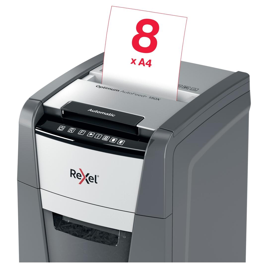 Destructeur de documents confidentiels P4 Coupe croisée Insertion papier automatique Optimum Autofeed+ 150X 4 x 28 mm avec insertion papier automatique REXEL — Insertion papier manuelle