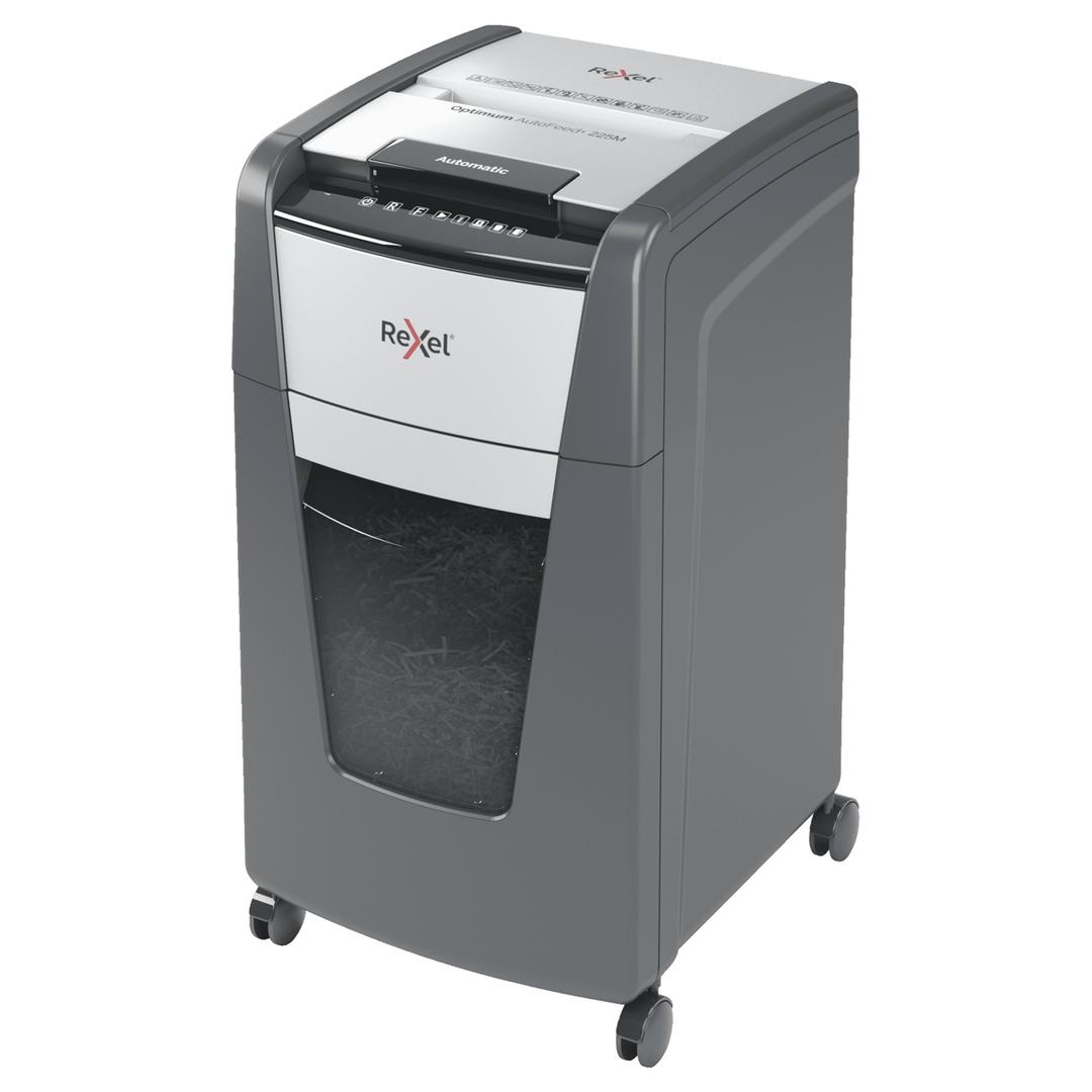 Destructeur de documents très confidentiels P5 Coupe croisée Insertion papier automatique Optimum Autofeed+ 225M 2 x 15 mm avec insertion papier automatique REXEL — Base