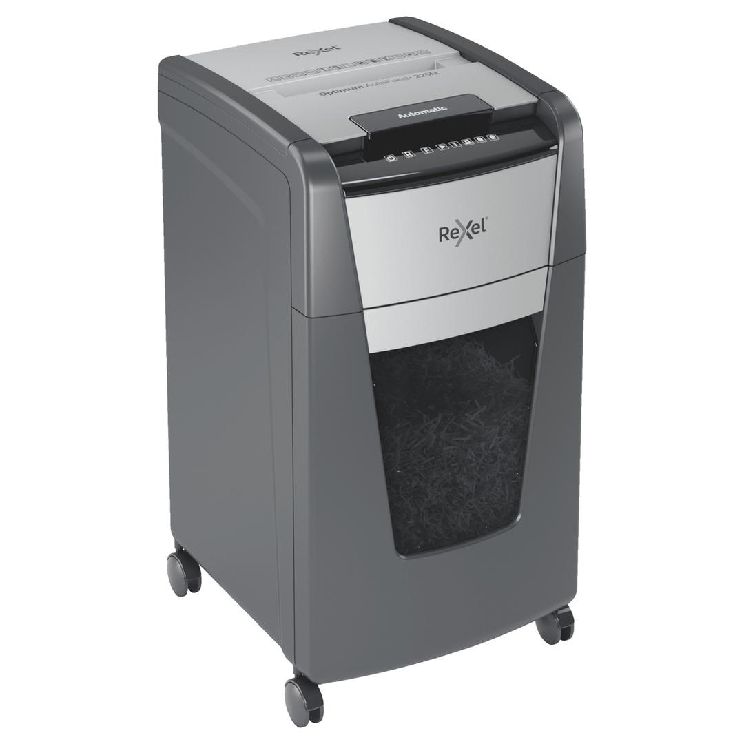 Destructeur de documents très confidentiels P5 Coupe croisée Insertion papier automatique Optimum Autofeed+ 225M 2 x 15 mm avec insertion papier automatique REXEL — Vue de droite