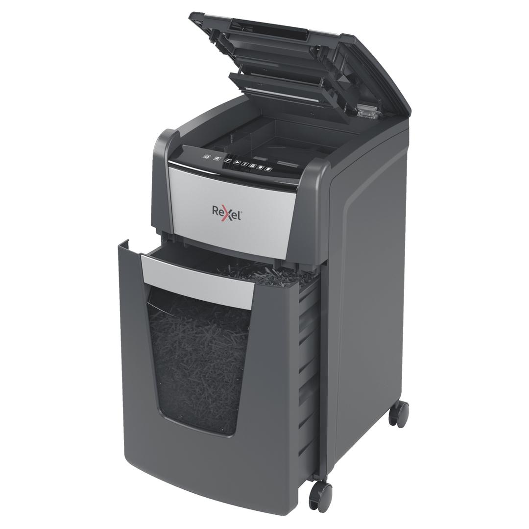 Destructeur de documents confidentiels P4 Coupe croisée Insertion papier automatique Optimum Autofeed+ 225X 4 x 25 mm avec insertion papier automatique REXEL — Bac extractible et insertion papier automatique