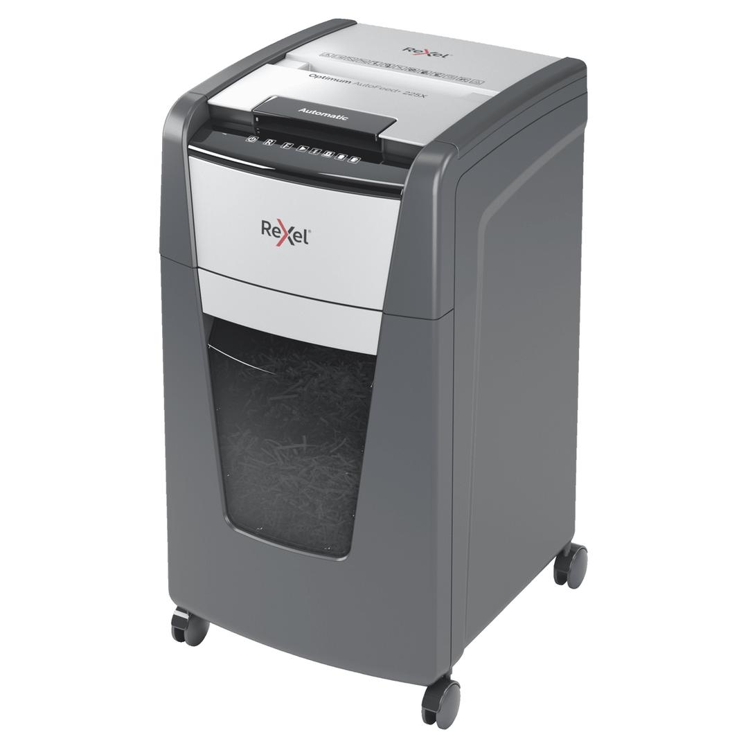 Destructeur de documents confidentiels P4 Coupe croisée Insertion papier automatique Optimum Autofeed+ 225X 4 x 25 mm avec insertion papier automatique REXEL — Base