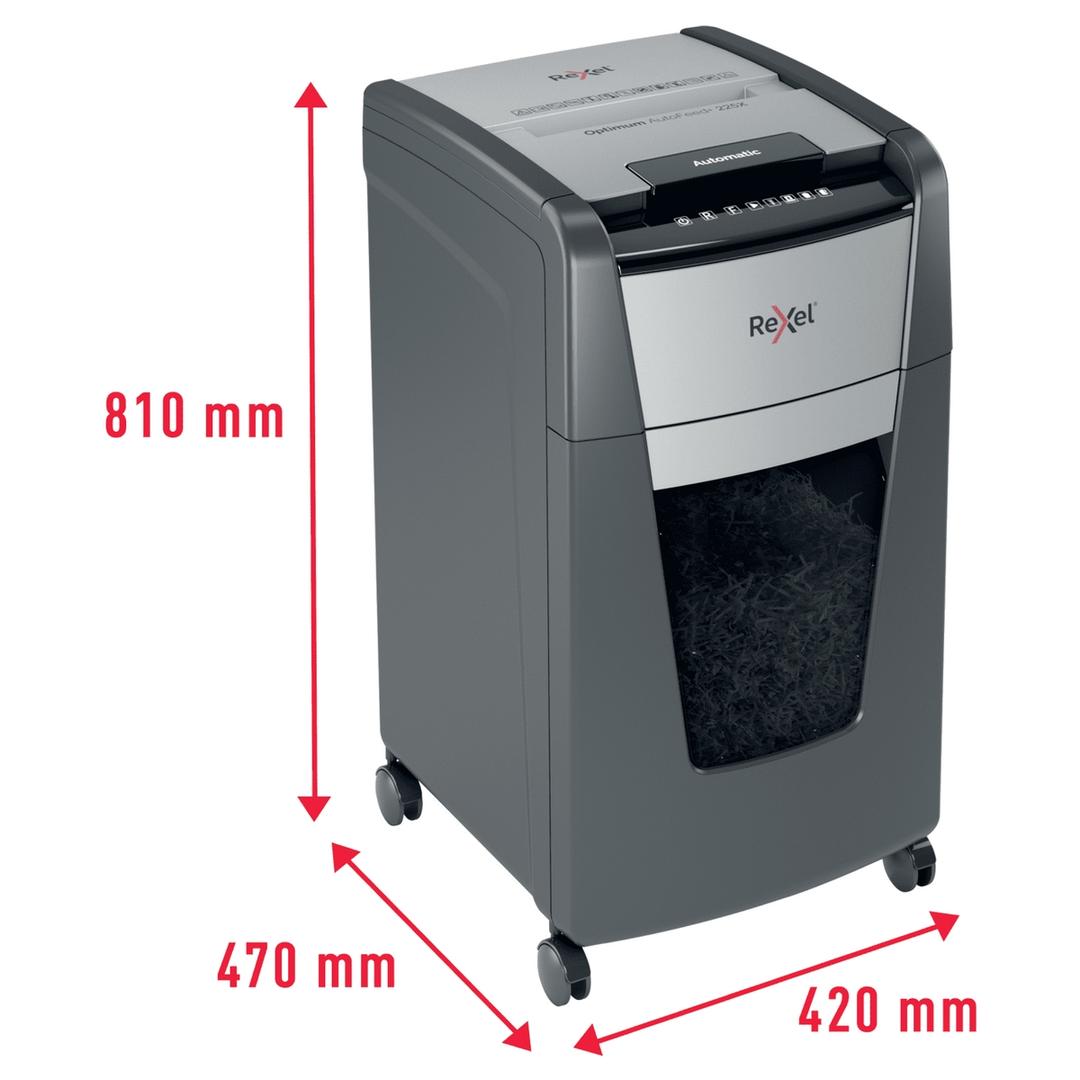 Destructeur de documents confidentiels P4 Coupe croisée Insertion papier automatique Optimum Autofeed+ 225X 4 x 25 mm avec insertion papier automatique REXEL — Dimensions
