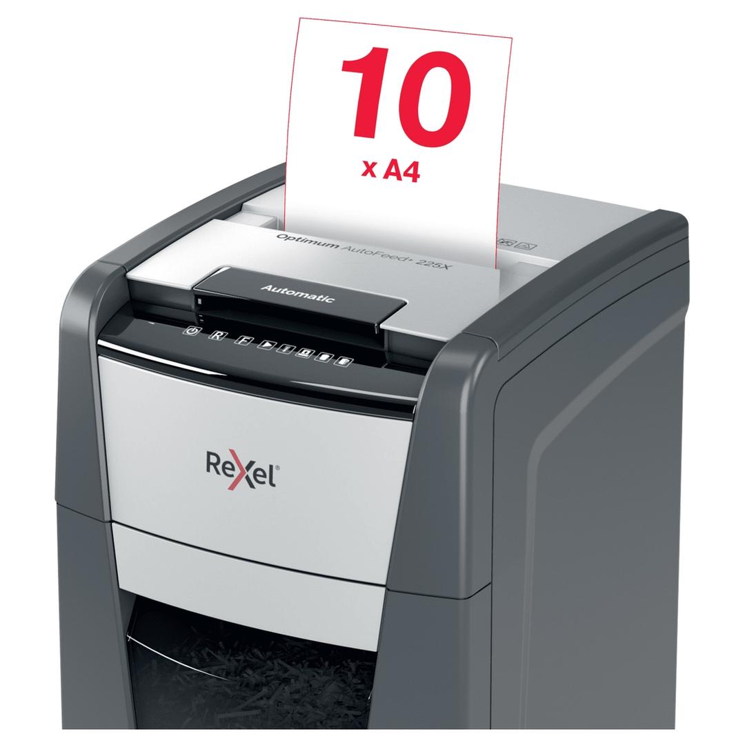 Destructeur de documents confidentiels P4 Coupe croisée Insertion papier automatique Optimum Autofeed+ 225X 4 x 25 mm avec insertion papier automatique REXEL — Insertion papier manuelle