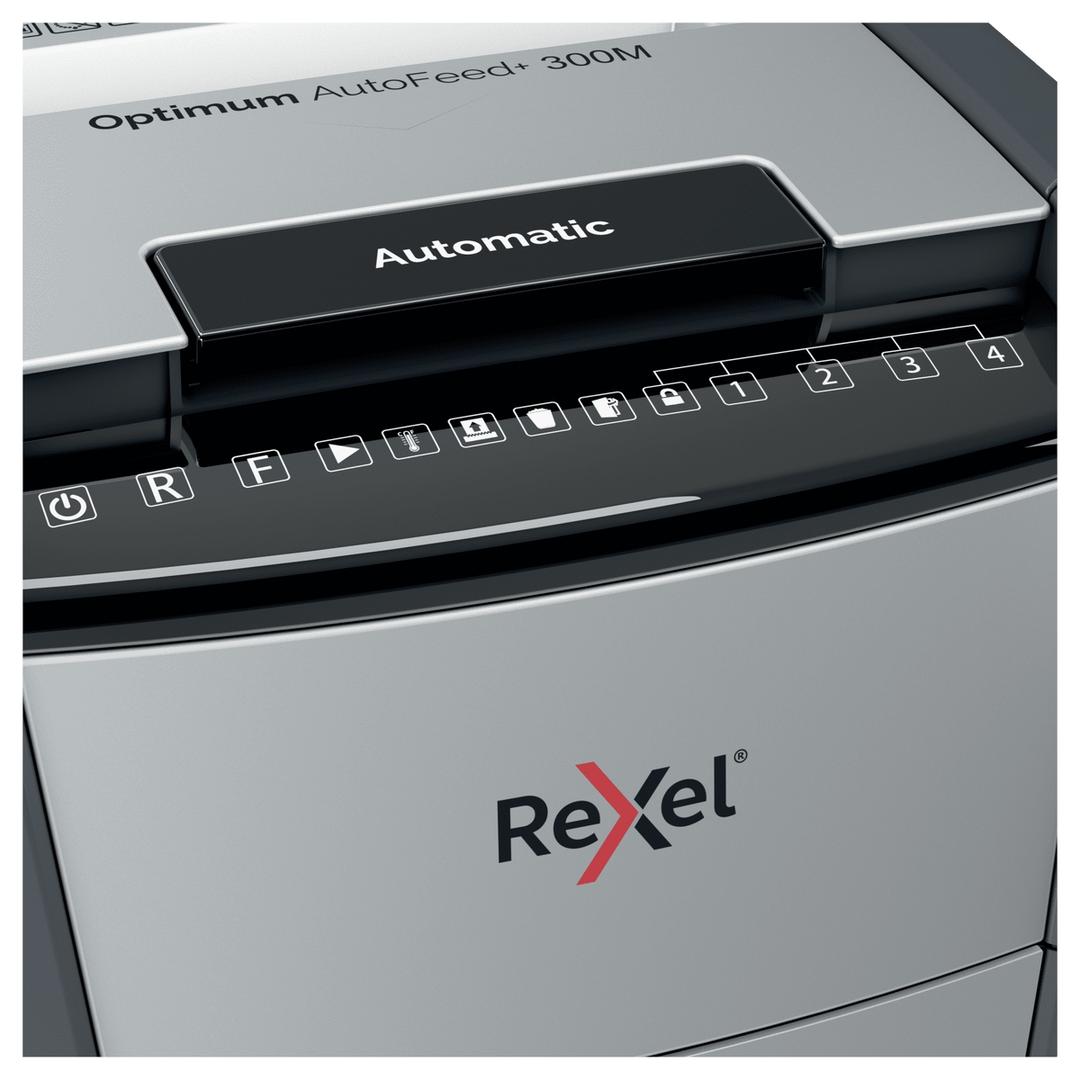 Destructeur de documents très confidentiels P5 Coupe croisée Insertion papier automatique Optimum Autofeed+ 300M 2 x 15 mm avec insertion papier automatique REXEL — Détails boutons