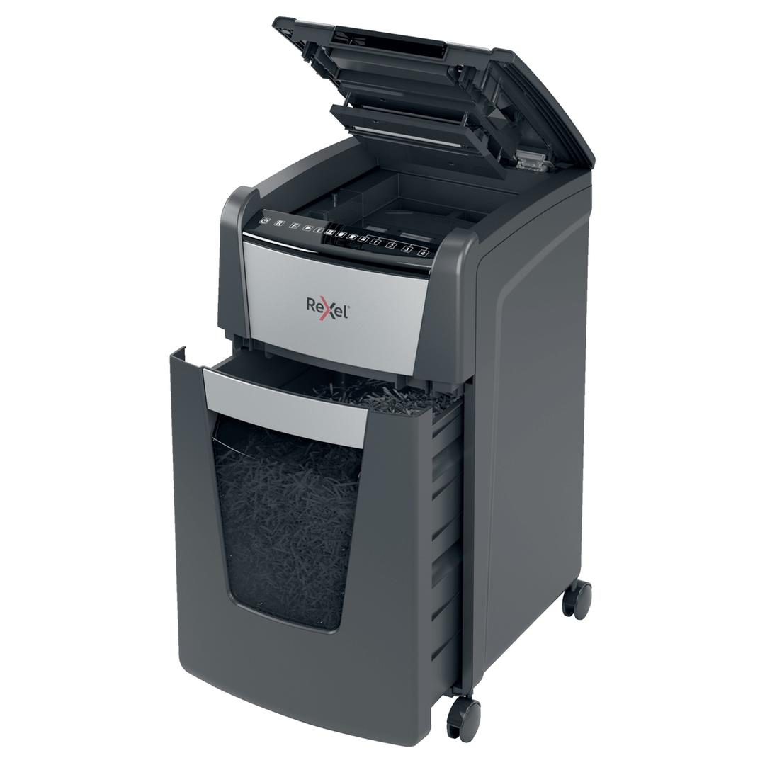 Destructeur de documents confidentiels P4 Coupe croisée Insertion papier automatique Optimum Autofeed+ 300X 4 x 25 mm avec insertion papier automatique REXEL — Bac extractible et insertion papier automatique