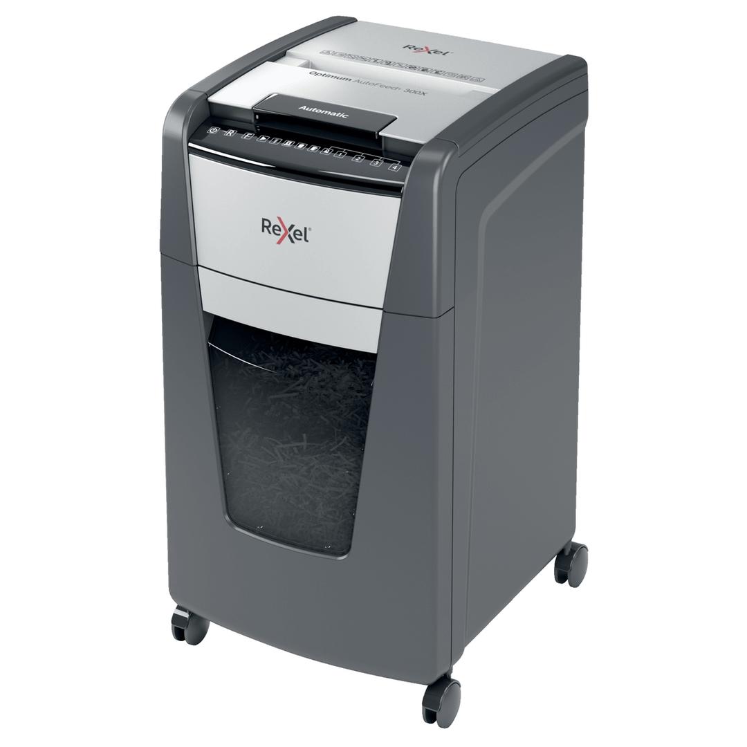 Destructeur de documents confidentiels P4 Coupe croisée Insertion papier automatique Optimum Autofeed+ 300X 4 x 25 mm avec insertion papier automatique REXEL — Base