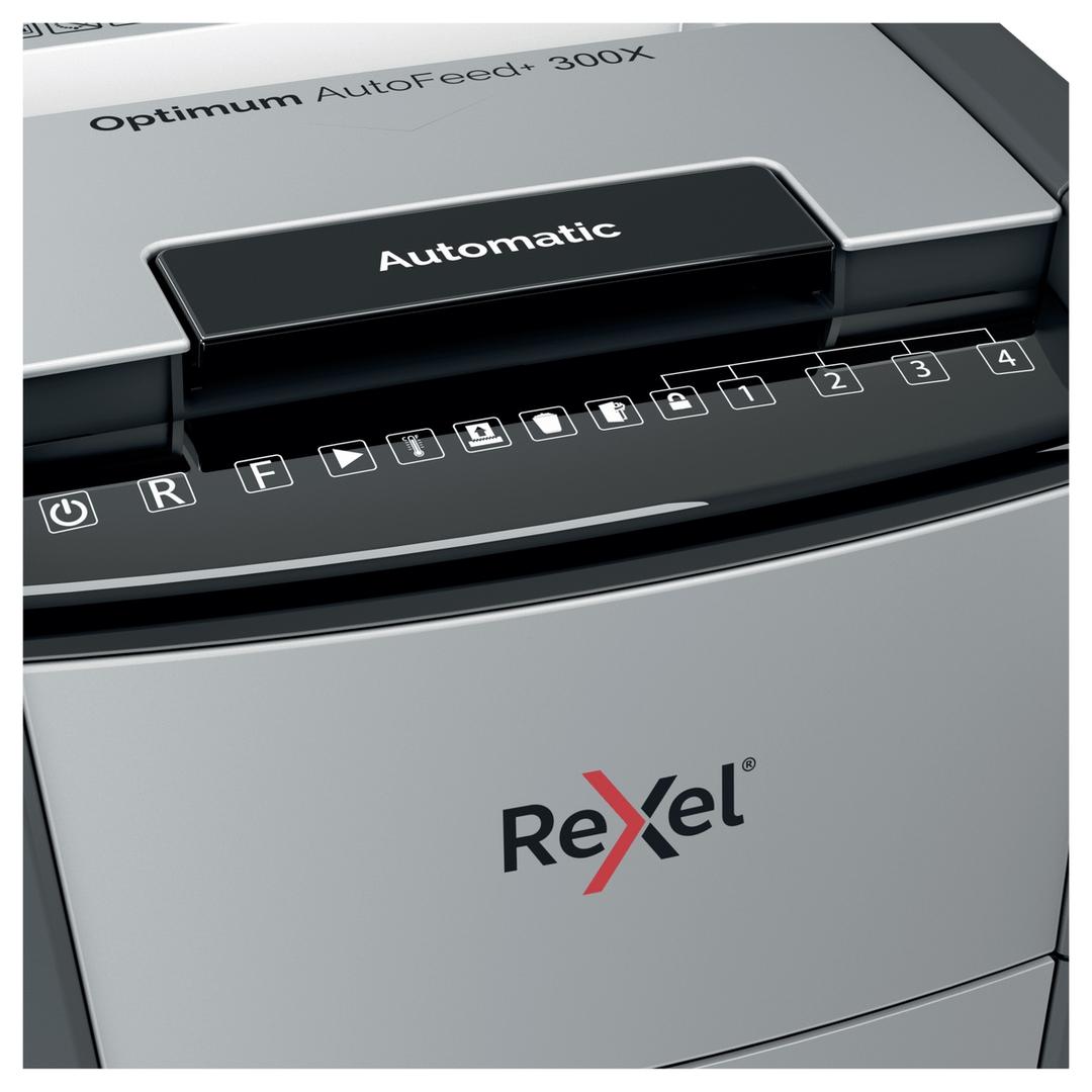 Destructeur de documents confidentiels P4 Coupe croisée Insertion papier automatique Optimum Autofeed+ 300X 4 x 25 mm avec insertion papier automatique REXEL — Détails boutons