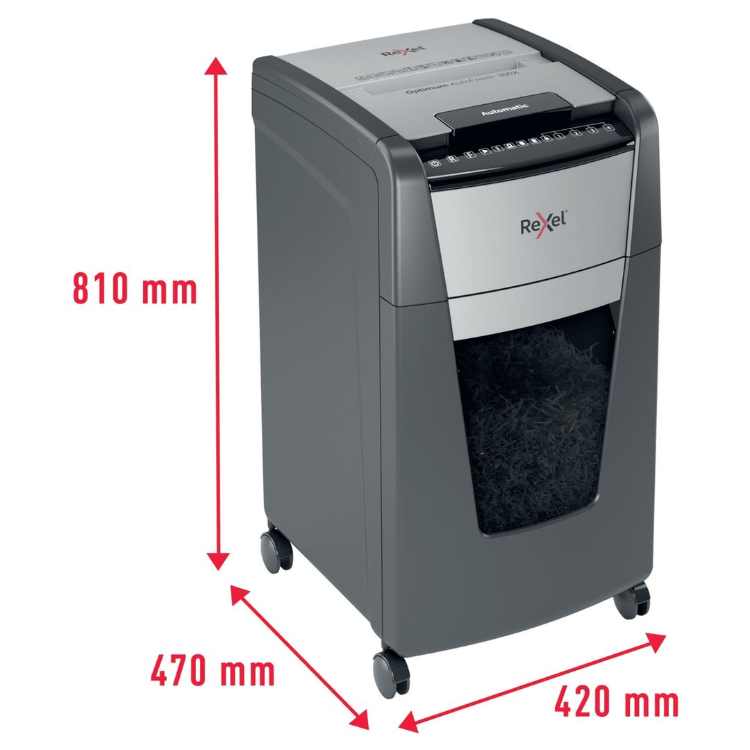 Destructeur de documents confidentiels P4 Coupe croisée Insertion papier automatique Optimum Autofeed+ 300X 4 x 25 mm avec insertion papier automatique REXEL — Dimensions