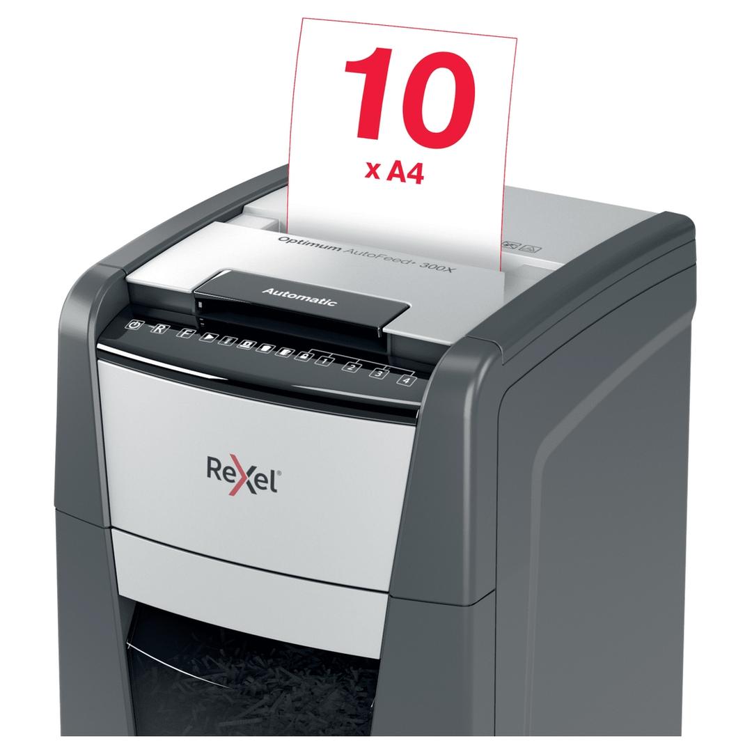 Destructeur de documents confidentiels P4 Coupe croisée Insertion papier automatique Optimum Autofeed+ 300X 4 x 25 mm avec insertion papier automatique REXEL — Insertion papier manuelle
