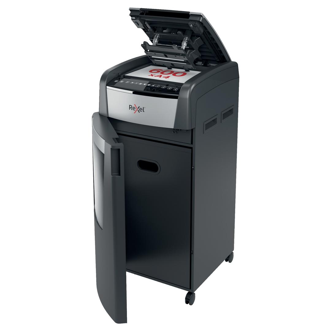 Destructeur de documents très confidentiels P5 Coupe croisée Insertion papier automatique Optimum Autofeed+ 600M 2 x 15 mm avec insertion papier automatique REXEL — Capacité insertion papier automatique