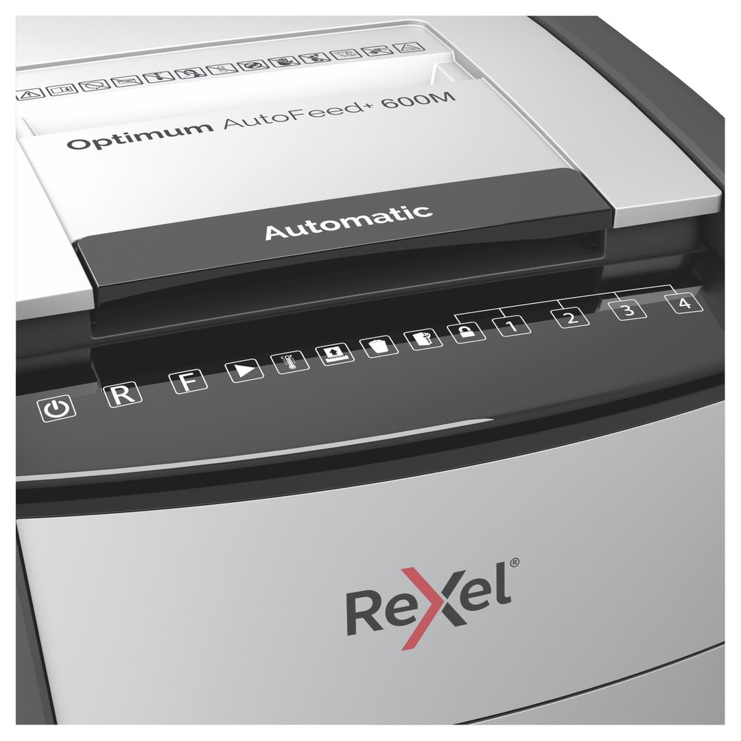 Destructeur de documents très confidentiels P5 Coupe croisée Insertion papier automatique Optimum Autofeed+ 600M 2 x 15 mm avec insertion papier automatique REXEL — Détails boutons