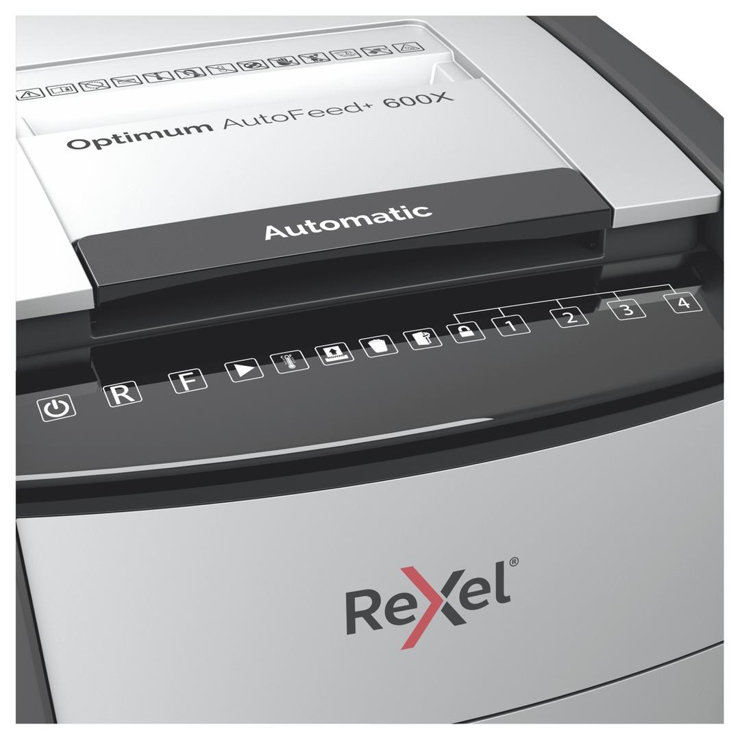 Destructeur de documents confidentiels P4 Coupe croisée Insertion papier automatique Optimum Autofeed+ 600X 4 x 36 mm avec insertion papier automatique REXEL — Détails boutons