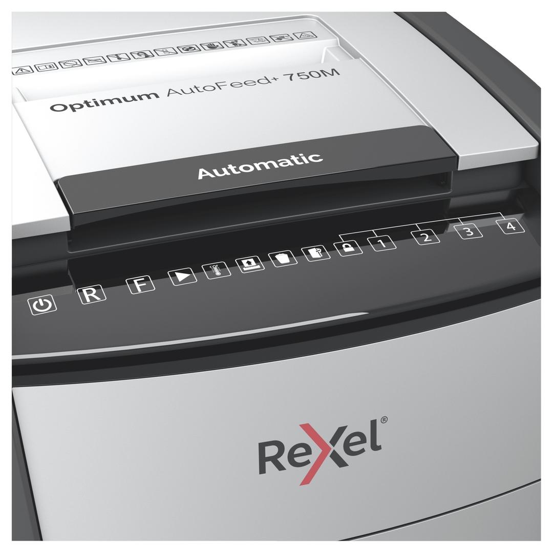 Destructeur de documents très confidentiels P5 Coupe croisée Insertion papier automatique Optimum Autofeed+ 750M 2 x 15 mm avec insertion papier automatique REXEL — Détails boutons