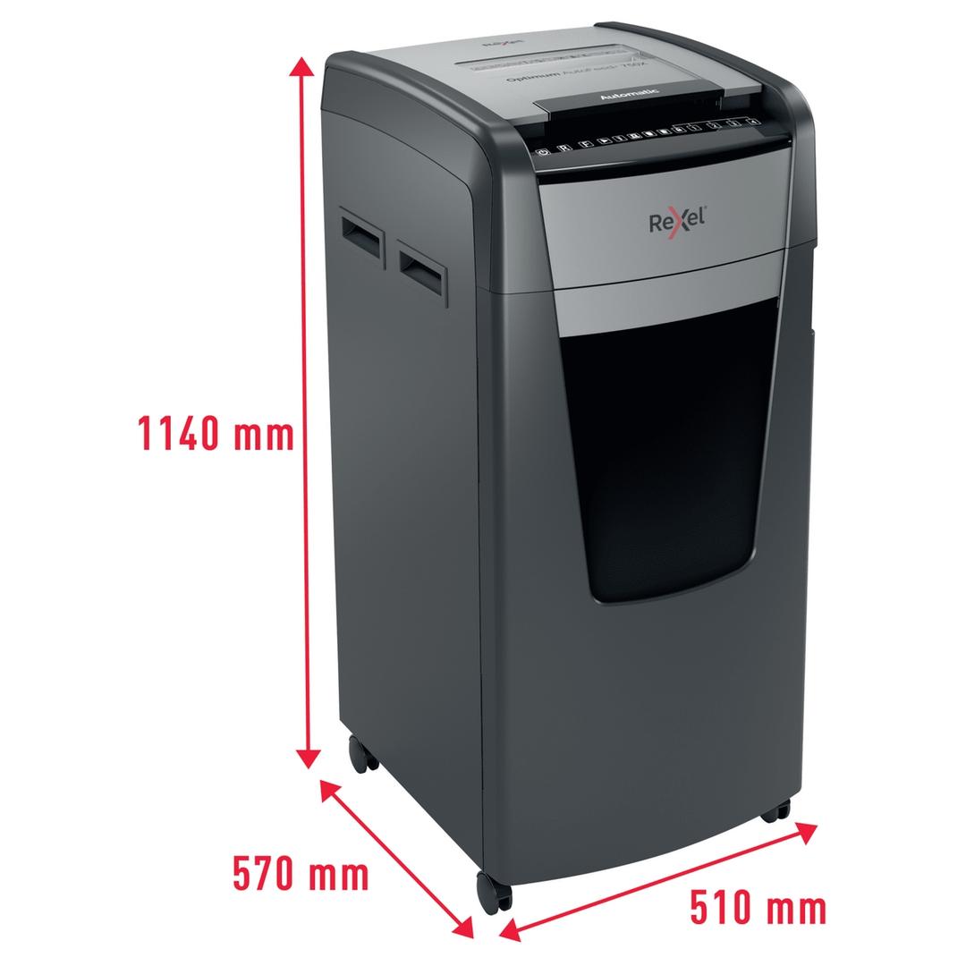 Destructeur de documents très confidentiels P5 Coupe croisée Insertion papier automatique Optimum Autofeed+ 750M 2 x 15 mm avec insertion papier automatique REXEL — Dimensions