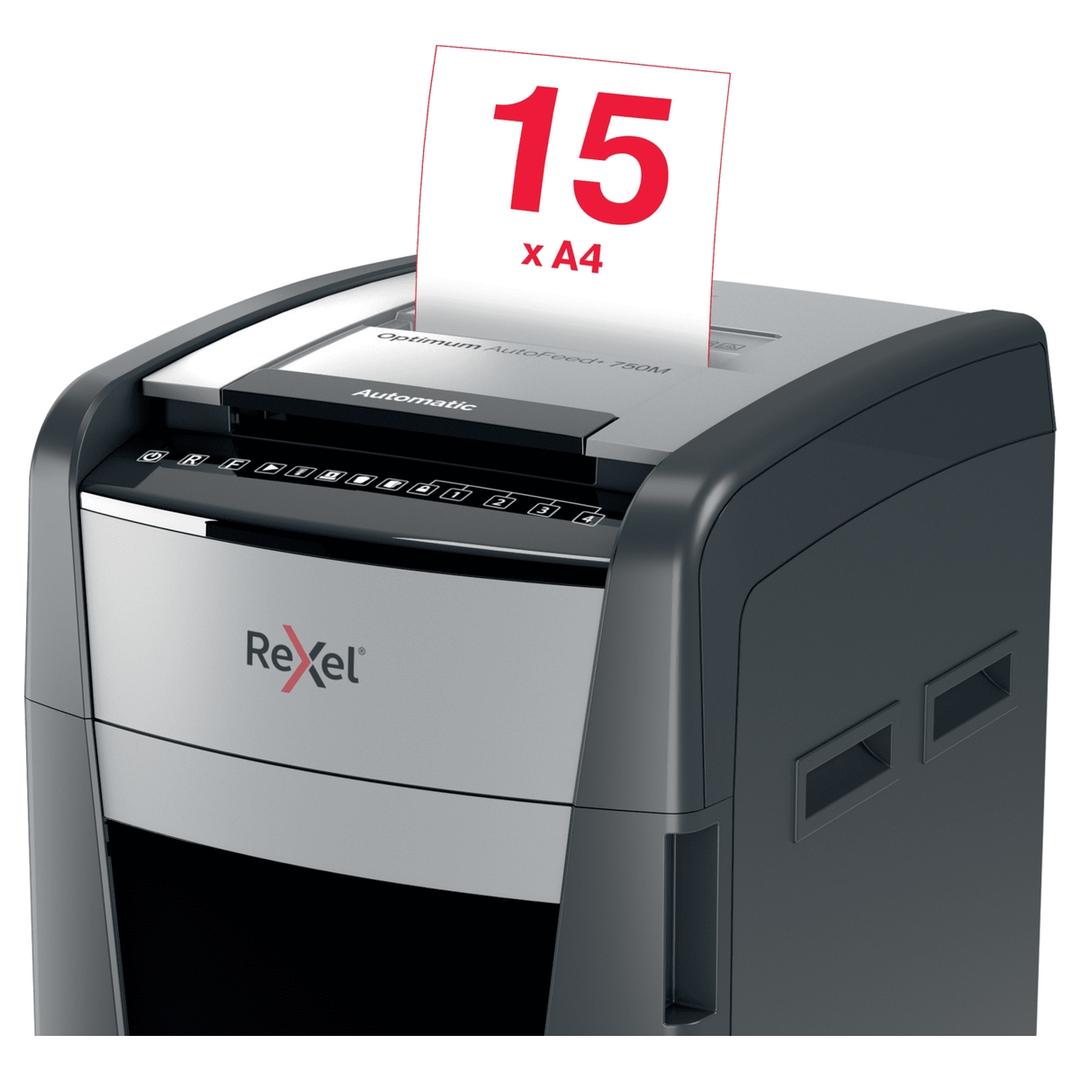 Destructeur de documents très confidentiels P5 Coupe croisée Insertion papier automatique Optimum Autofeed+ 750M 2 x 15 mm avec insertion papier automatique REXEL — Insertion papier manuelle