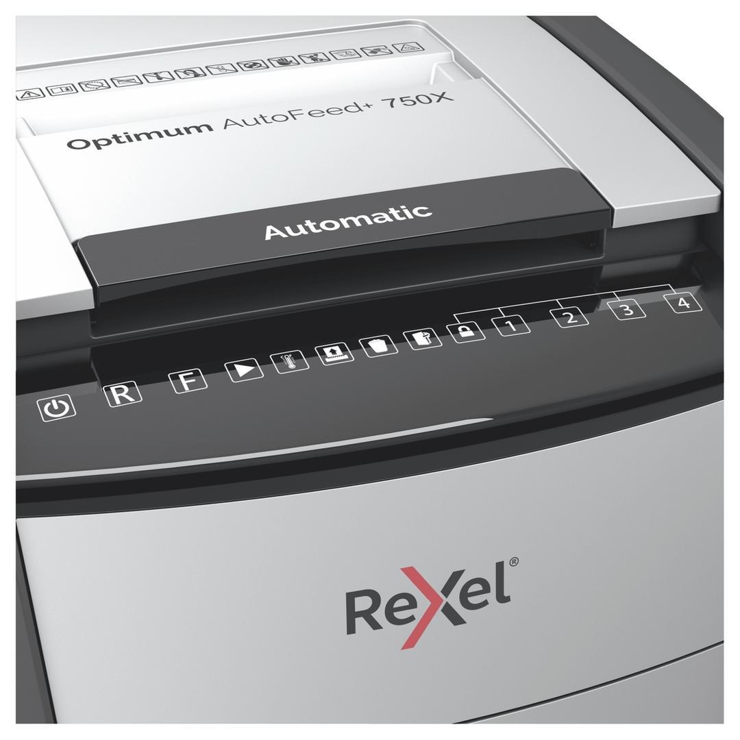 Destructeur de documents confidentiels P4 Coupe croisée Insertion papier automatique Optimum Autofeed+ 750X 4 x 30 mm avec insertion papier automatique REXEL — Détails boutons