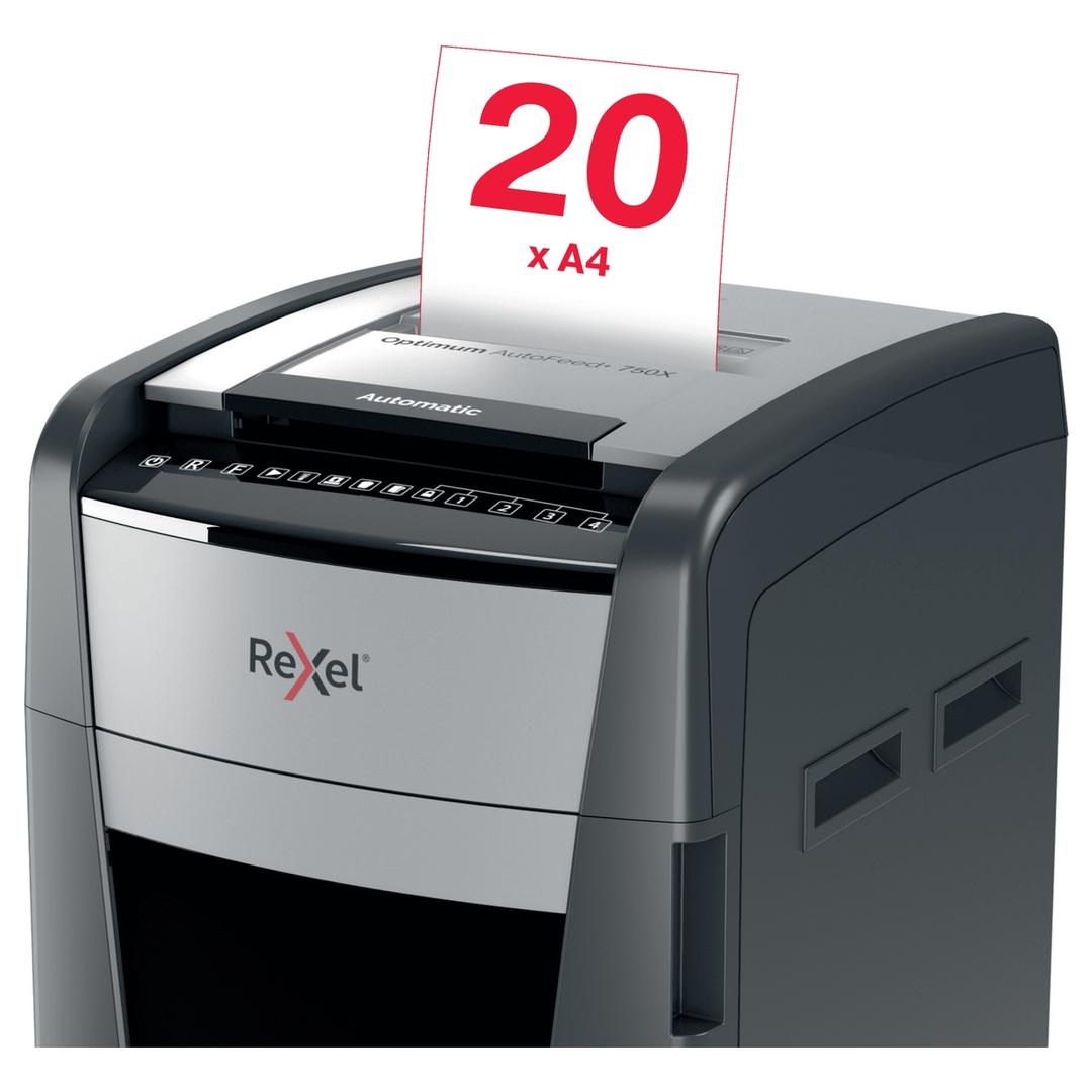 Destructeur de documents confidentiels P4 Coupe croisée Insertion papier automatique Optimum Autofeed+ 750X 4 x 30 mm avec insertion papier automatique REXEL — Insertion papier manuelle
