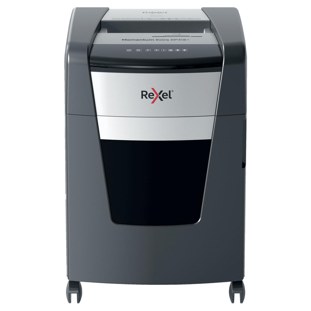 Destructeur de documents confidentiels P4 Coupe croisée Momentum Extra XP418+ 4 x 35 mm REXEL — Vue de face