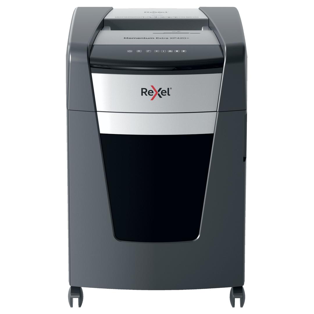Destructeur de documents confidentiels P4 Coupe croisée Momentum Extra XP420+ 4 x 35 mm REXEL — Vue de face