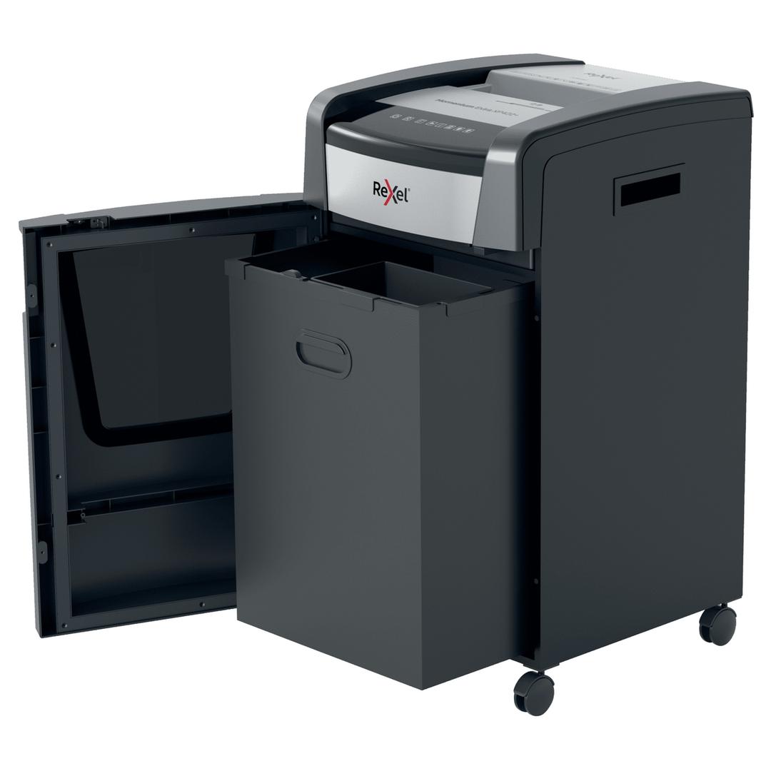 Destructeur de documents confidentiels P4 Coupe croisée Momentum Extra XP422+ 4 x 35 mm REXEL — Bac extractible ouvert