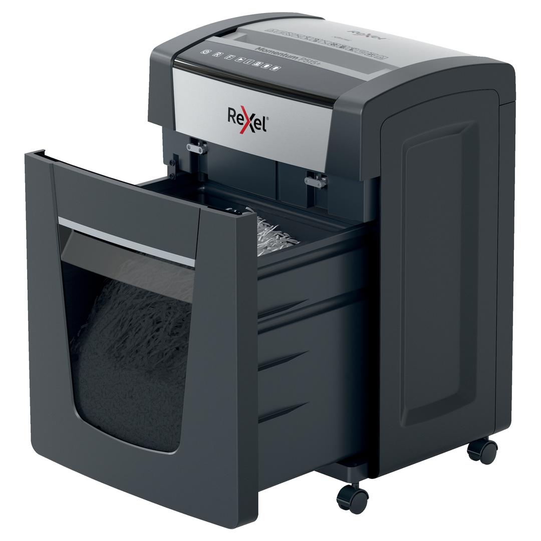 Destructeur de documents très confidentiels P5 Coupe croisée Momentum P515+ 2 x 15 mm REXEL — Bac extractible ouvert