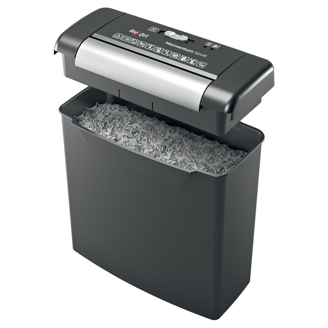 Destructeur de documents P2 Coupe droite Momentum S206 6 mm REXEL — Corbeille amovible ouverte