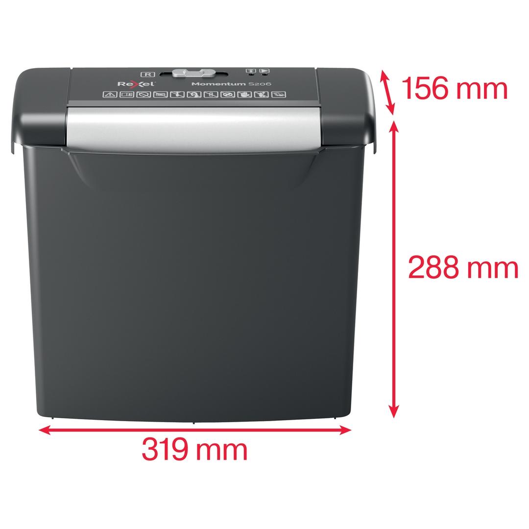 Destructeur de documents P2 Coupe droite Momentum S206 6 mm REXEL — Dimensions