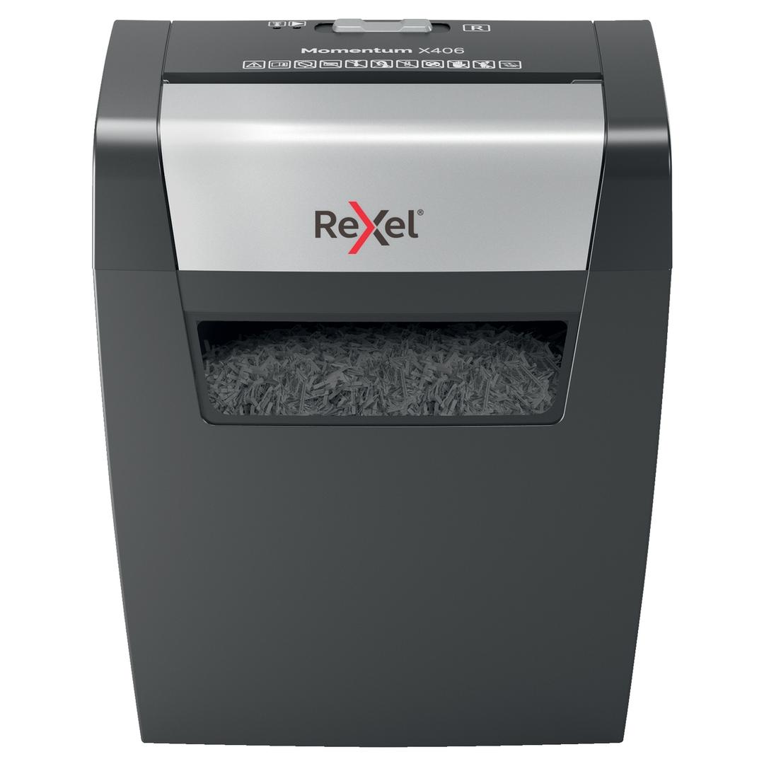 Destructeur de documents confidentiels P4 Coupe croisée Momentum X406 4 x 28 mm REXEL — Vue de face
