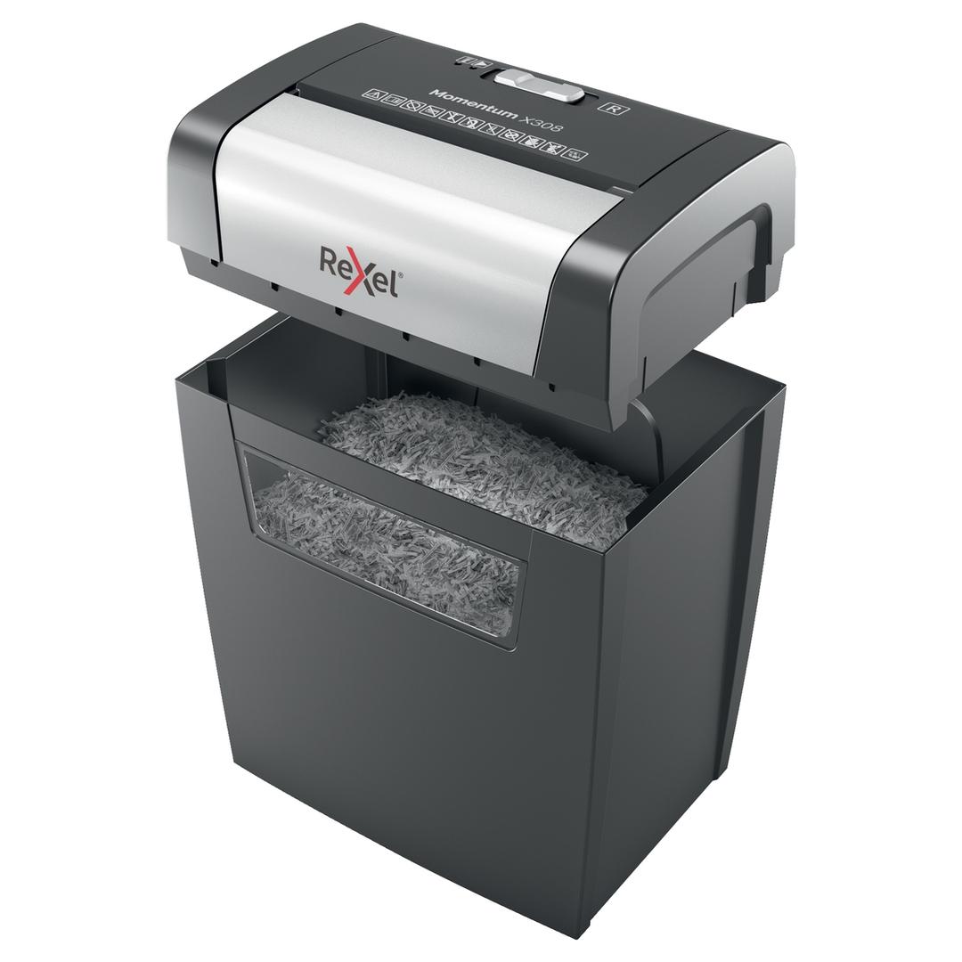 Destructeur de documents P3 Coupe croisée Momentum X308 5 x 42 mm REXEL — Corbeille amovible ouverte
