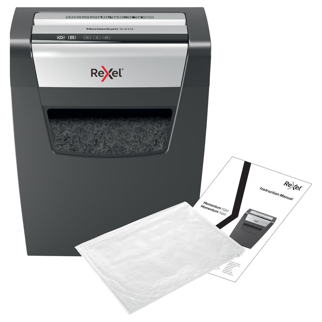 Destructeur de documents confidentiels P4 Coupe croisée Momentum X410 4 x 28 mm REXEL — Avec feuilles de lubrification