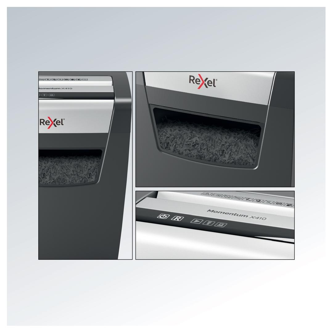 Destructeur de documents confidentiels P4 Coupe croisée Momentum X410 4 x 28 mm REXEL — Détails