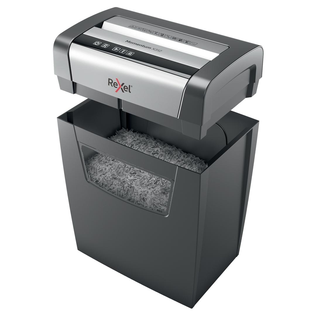 Destructeur de documents P3 Coupe croisée Momentum X312 5 x 42 mm REXEL — Corbeille amovible ouverte