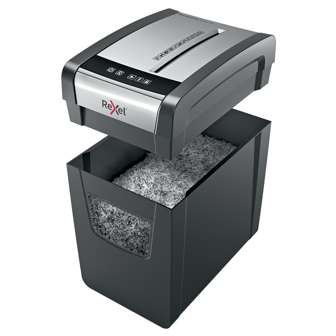 Destructeur de documents confidentiels P4 Coupe croisée Momentum X410-SL 4 x 28 mm REXEL — Corbeille amovible ouverte