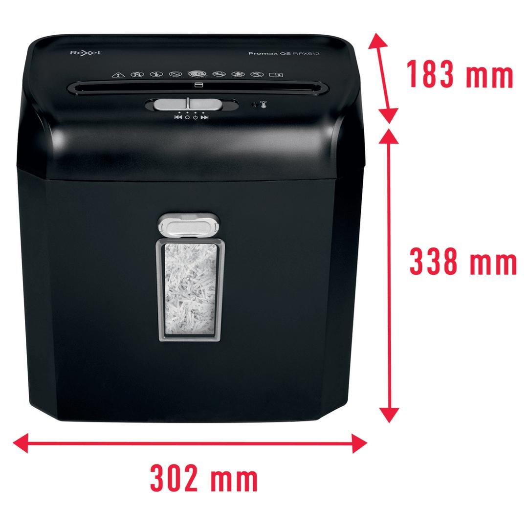 Destructeur de documents confidentiels P4 Coupe croisée Promax QS RPX612 4 x 40 mm REXEL — Cotes : 302 mm de large, 183 mm de profondeur, 338 mm de haut, 4,7 kg