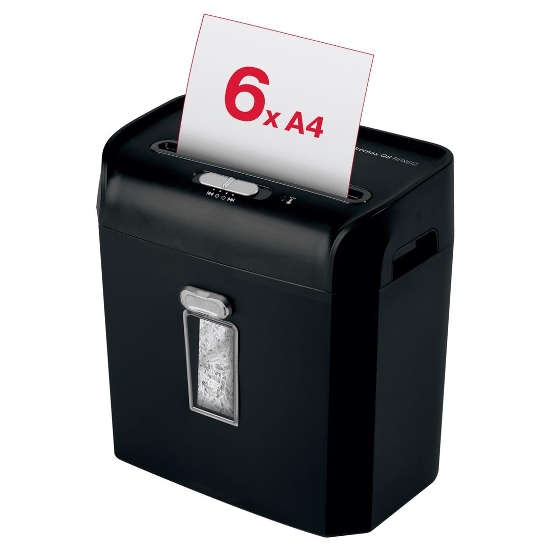 Destructeur de documents confidentiels P4 Coupe croisée Promax QS RPX612 4 x 40 mm REXEL — Feuille A4 engagée dans la fente d'introduction, 6 feuilles 80 g/m² par passage