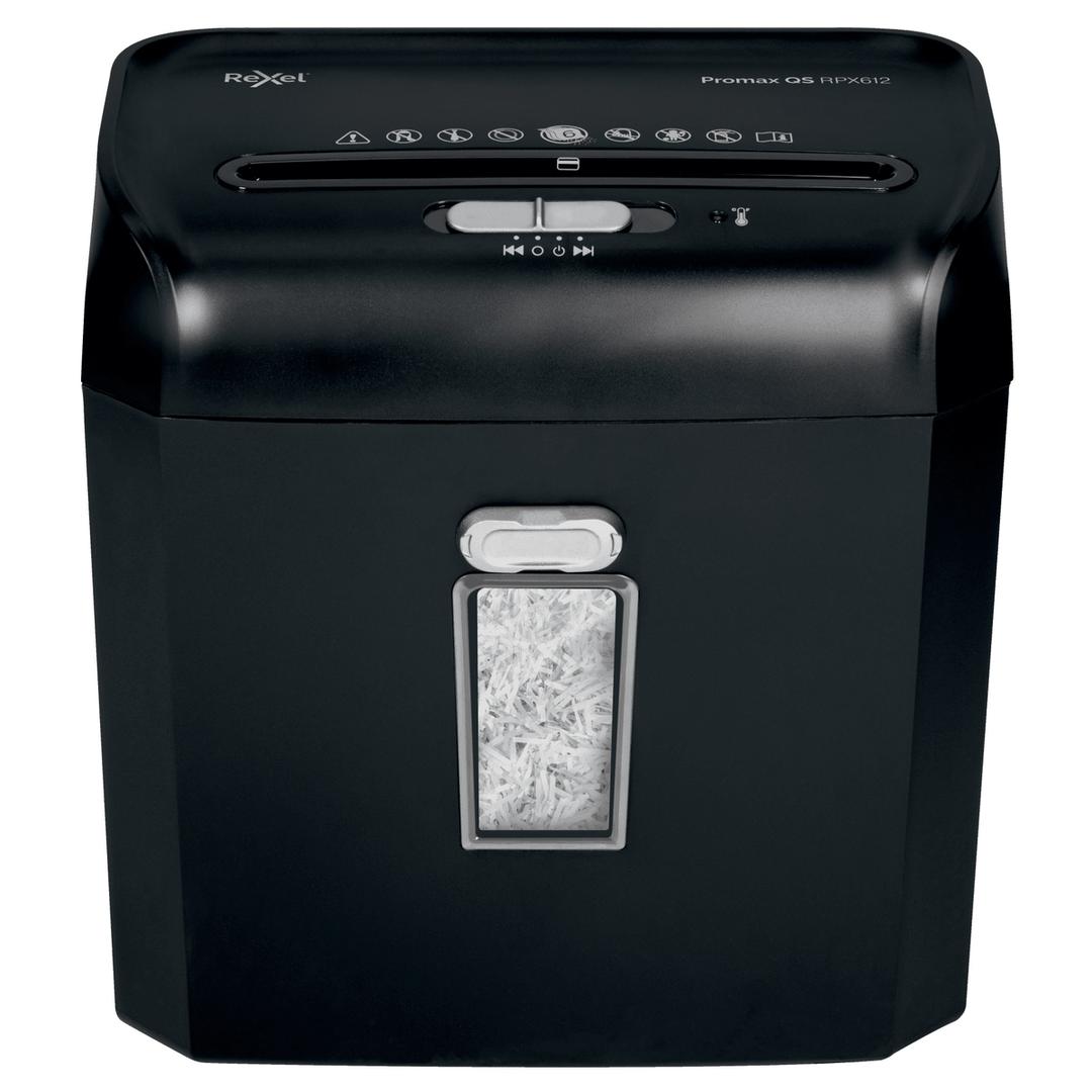 Destructeur de documents confidentiels P4 Coupe croisée Promax QS RPX612 4 x 40 mm REXEL — Vu de face, fente d'introduction et hublot de niveau de la corbeille