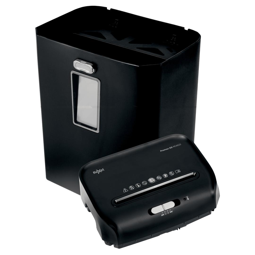 Destructeur de documents confidentiels P4 Coupe croisée Promax QS REX623 4 x 40 mm REXEL — Corbeille amovible ouverte
