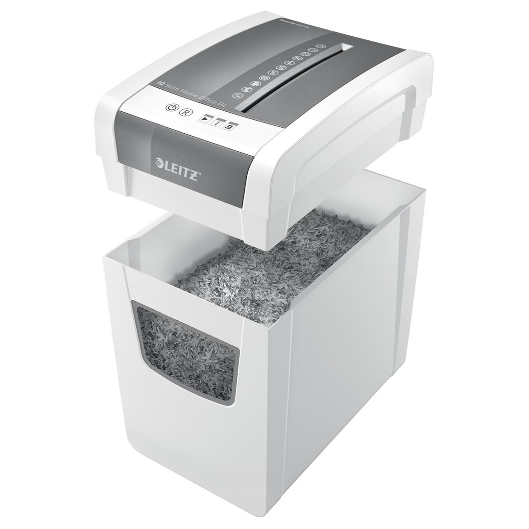 Destructeur de documents confidentiels P4 Coupe croisée IQ Slim Home Office 4 x 28 mm LEITZ — Corbeille amovible ouverte