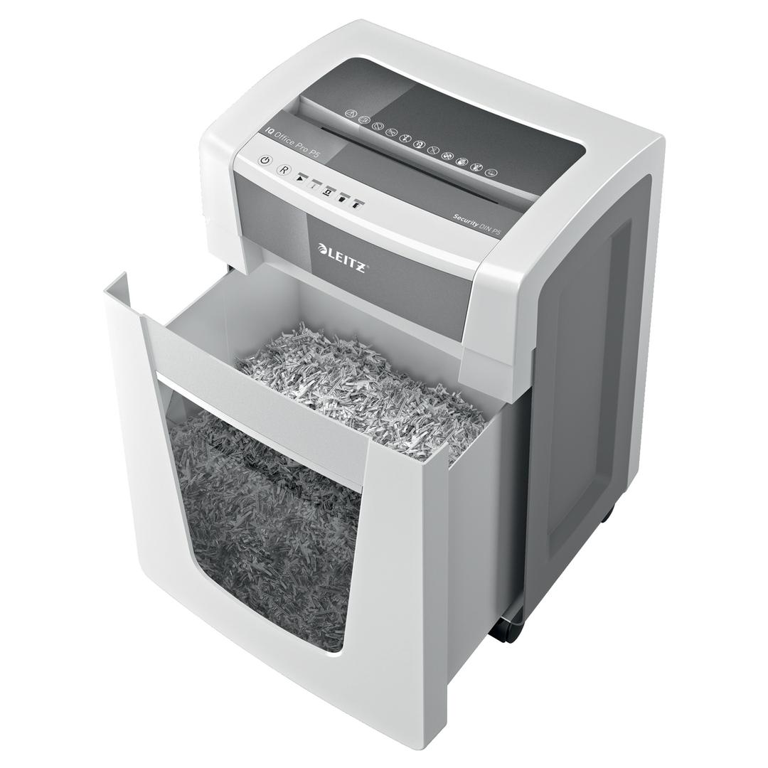 Destructeur de documents très confidentiels P5 Coupe croisée IQ Office Pro 2 x 15 mm LEITZ — Bac extractible ouvert
