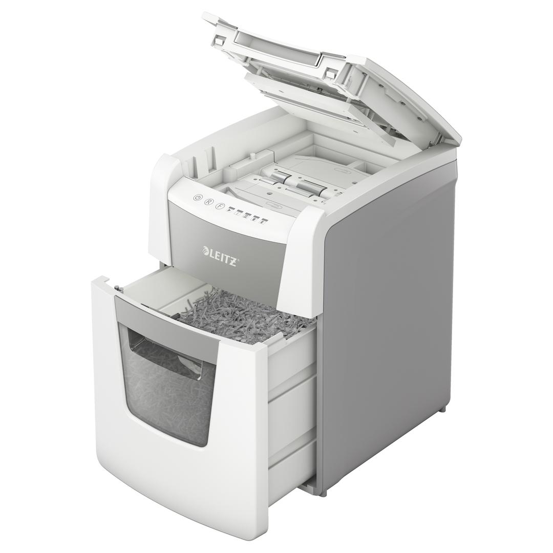 Destructeur de documents confidentiels P4 Coupe croisée Insertion papier automatique IQ Autofeed+ 100 4 x 30 mm avec insertion papier automatique LEITZ — Bac extractible et insertion papier automatique