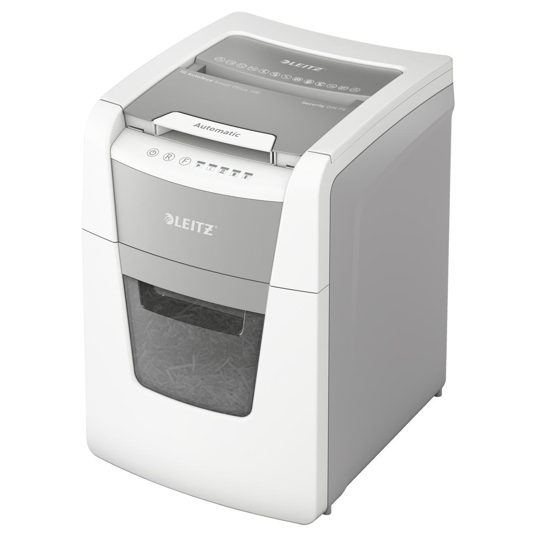 Destructeur de documents confidentiels P4 Coupe croisée Insertion papier automatique IQ Autofeed+ 100 4 x 30 mm avec insertion papier automatique LEITZ — Base
