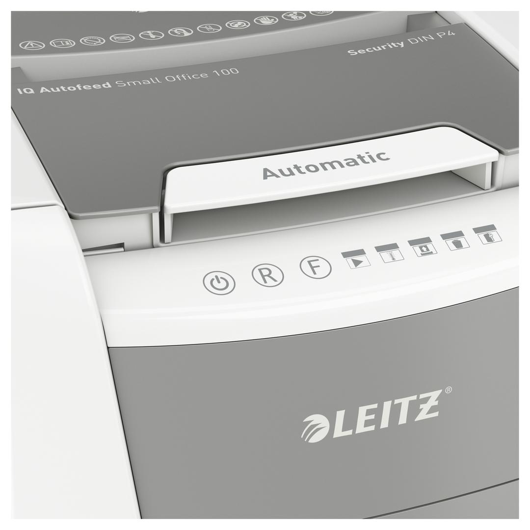 Destructeur de documents confidentiels P4 Coupe croisée Insertion papier automatique IQ Autofeed+ 100 4 x 30 mm avec insertion papier automatique LEITZ — Détails