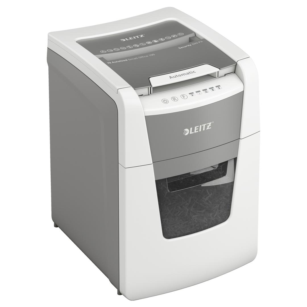 Destructeur de documents confidentiels P4 Coupe croisée Insertion papier automatique IQ Autofeed+ 100 4 x 30 mm avec insertion papier automatique LEITZ — Vue de droite